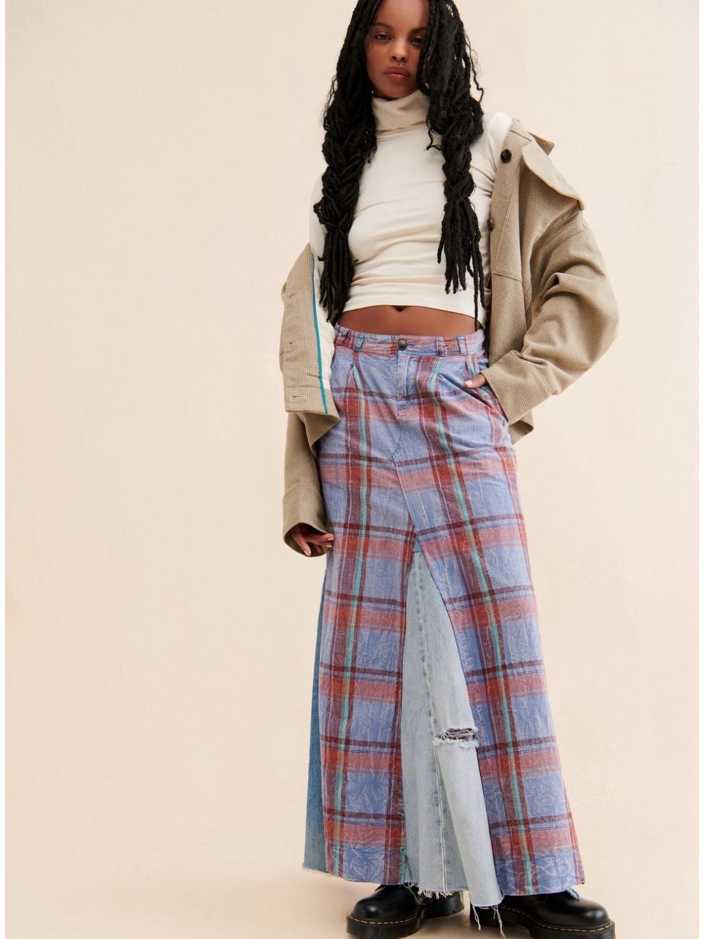 Tricia Fix, Plaid Maxi Skirt with Denim Inset - Blue and Rust